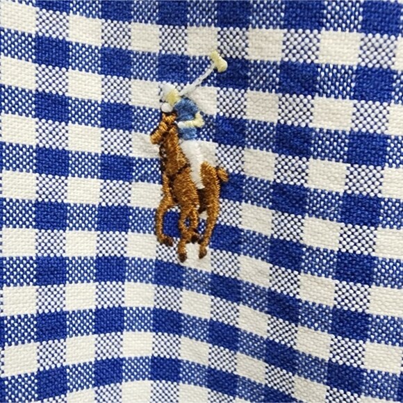 Ralph Lauren Shirt Mens Large Blue Gingham Check Cotton Button Tan Pony Preppy - Picture 4 of 11